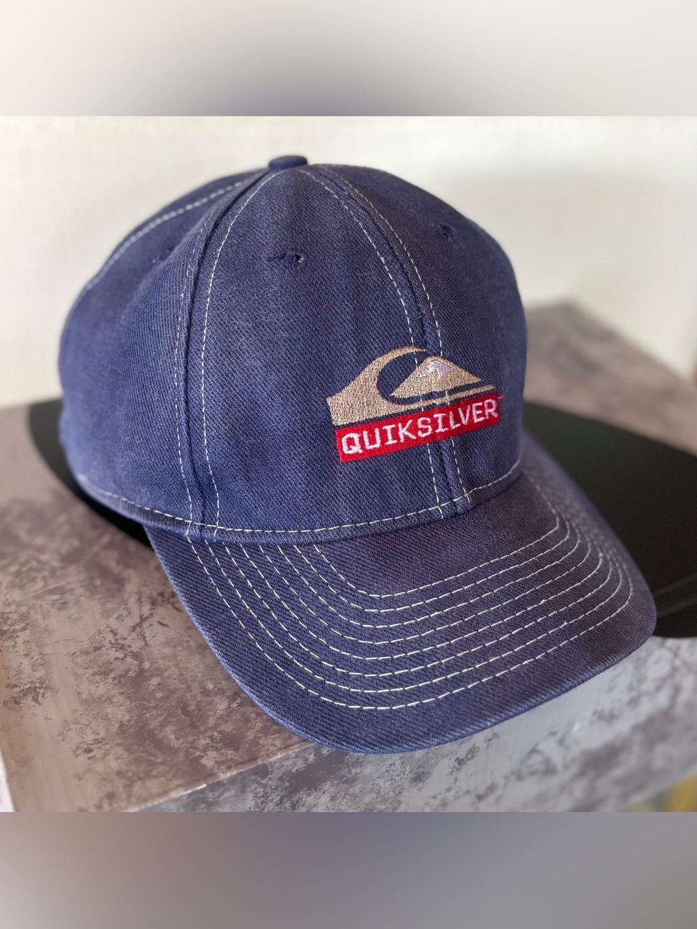 Vintage 90s Quiksilver Essentials Hat Made In USA Navy Contrast Stitch Strapback